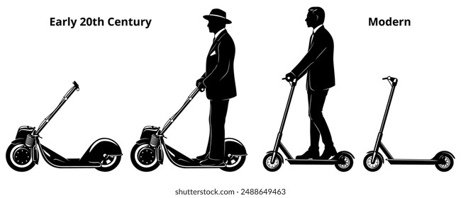 Silhouettes of Vintage and Modern Electric Scooter. With and without man riding on it. Vector cliparts isolated on white.