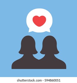 silhouettes virtual couple lesbians or two women lovers icon modern with a vector bubble & heart love flat design inside