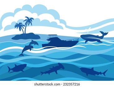 Silhouettes of voyage, whale, sharks, dolphins, island with palm trees against the sea and clouds.