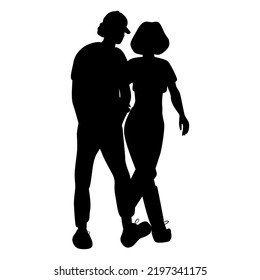 Silhouettes of walking couple. full length illustration of man and woman strolling through the street together. Casual date concept.