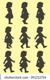 Silhouettes of walking little girl with long hairs in elegant dress. Phase of people movement in cycle for move animation.