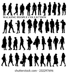 Silhouettes of walking people, caring bags, talking on the phone etc