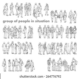 Silhouettes of walking people, carrying bags, talking on the phone etc. Sketch collection