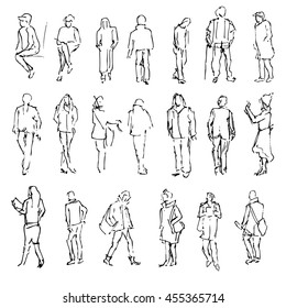 Silhouettes Of Walking People, Carrying Bags, Talking On The Phone Etc, Hand Drawn Vector Engraved Sketch Illustration Isolated On White Background Line Art Vintage Style For Design Printing, Web Site