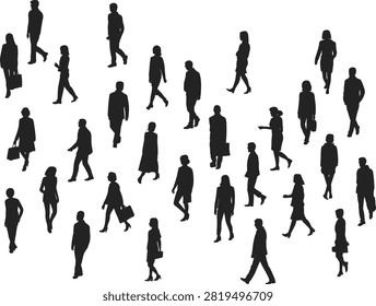 Silhouettes of walking people, diverse poses, carrying bags, black vector set, human movement, crowd behavior, design, fashion, reference, art