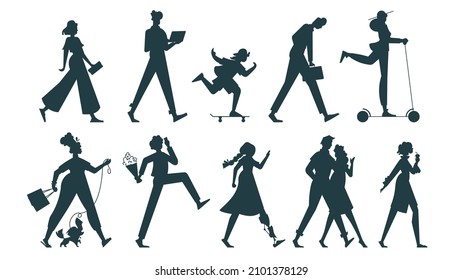 Silhouettes of walking people. Various poses and means of transportation. Vector flat illustration.