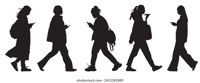 Silhouettes of walking women using phone on the go. Side view. Vector illustration.