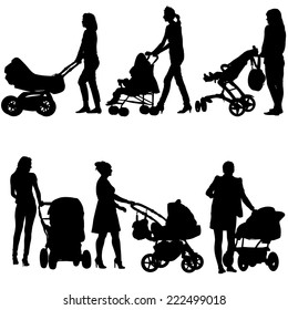 Silhouettes  walkings mothers with baby strollers. Vector illustration.