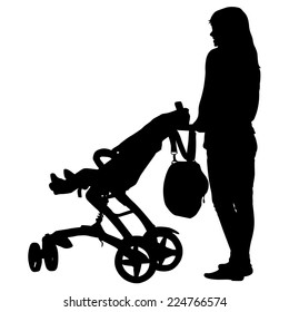 Silhouettes  walkings mothers with baby strollers. Vector illustration.