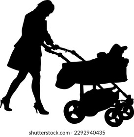 Silhouettes walkings mothers with baby strollers on a white background.