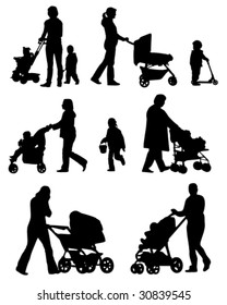 Silhouettes of the walkings mothers with baby strollers.