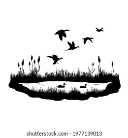 Silhouettes of water plants, ducks and reeds. Vector black illustration of the pond with flying and floating birds.