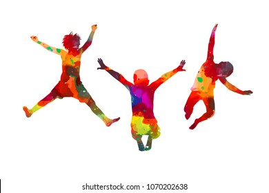 Silhouettes of watercolor jumping children. Vector