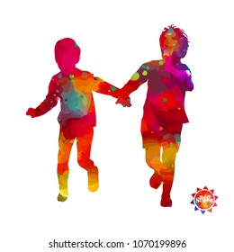 Silhouettes of watercolor running children. Vector