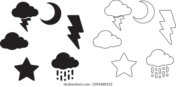 Silhouettes of weather symbols vector illustration set of sun crescent star cloud lightning