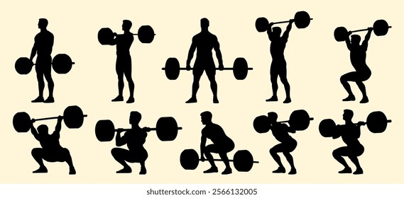 Silhouettes of weightlifters performing barbell exercises, showcasing strength, fitness, and athletic movements.