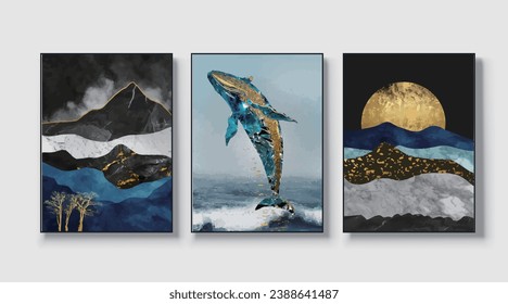 Silhouettes of whales and mountains. Abstraction of textured marble with gold elements. Murals, murals, indoor printed wallpapers,