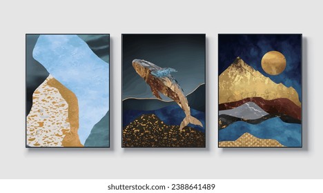 Silhouettes of whales and mountains. Abstraction of textured marble with gold elements. Murals, murals, indoor printed wallpapers,