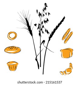 silhouettes of wheat ears and bread icons