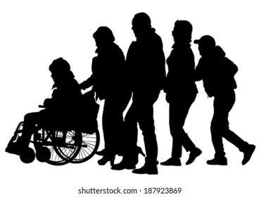 Silhouettes wheelchair and crowds people