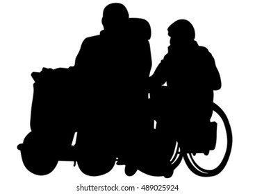 Silhouettes wheelchair and people on white background