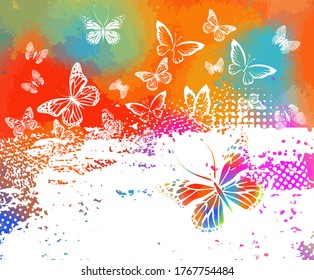 Silhouettes of white butterflies on a watercolor picturesque background. Vector illustration