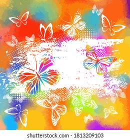 Silhouettes of white butterflies on a watercolor picturesque background. Vector illustration