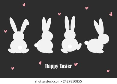 Silhouettes of white easter bunnies isolated on a dark background. Set of different rabbits silhouettes for design use. Vector illustration for poster, cover, or postcard.