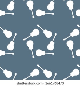 Silhouettes of white guitars on a blue background. Seamless pattern for fabric.