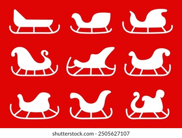 Silhouettes of white sleighs on a red background. Vector illustration.