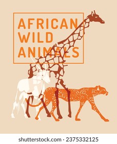 Silhouettes of wild African animals. Giraffe, gazelle, cheetah. Risograph effect. Vector flat illustration. Zoo, tourism concept advertising.