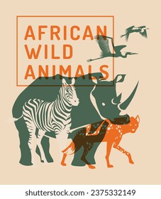 Silhouettes of wild African animals. Hyena, rhinoceros, zebra, heron. Risograph effect. Vector flat illustration. Zoo, tourism concept advertising.