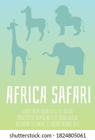 Silhouettes of wild african animals - lion, elephant, zebra and giraffe. Safari in Africa. Colorful poster or banner with text. Flat cartoon vector illustration