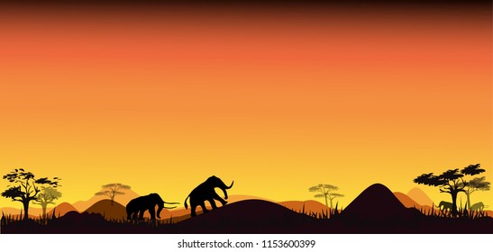 Silhouettes of wild African elephant sunset safari animals vector.