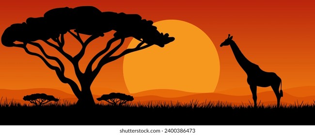 Silhouettes of wild African giraffes at sunset. Beautiful sunset landscape in Africa. Safari. Flat vector illustration for design, poster, banner, card, cover.