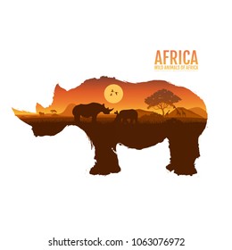 Silhouettes of wild African Rhino sunset safari animals vector. 