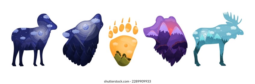 Silhouettes of Wild Animal and Footprint with Natural Forest Landscape Inside Vector Set