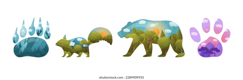 Silhouettes of Wild Animal and Footprint with Natural Forest Landscape Inside Vector Set