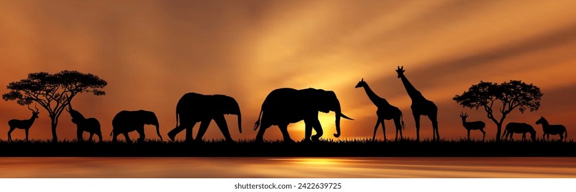 Silhouettes of wild animals of the African savannah on the shore of a lake, against the backdrop of trees and the sun.