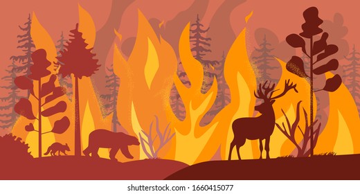 Silhouettes of wild animals at fire forest vector flat illustration. Cartoon deer, bear and badger escape from wildfire.  Saving life from dangerous catastrophe flame concept,  graphic design