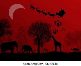 Silhouettes of wild animals and flying Santa on red night, vector background