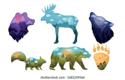 Silhouettes of Wild Animals with Landscapes Inside Isolated on White Background Vector Set