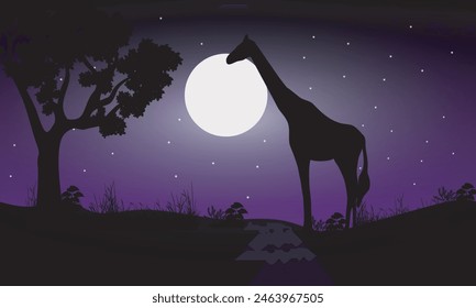 silhouettes of wild animals at night against the backdrop of the moon and stars in the forest