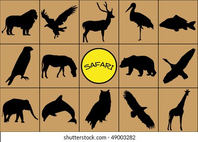 Silhouettes of wild animals with symbol.