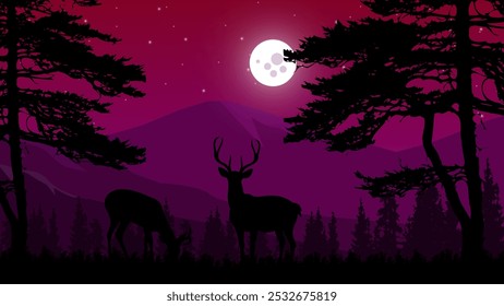 Silhouettes of wild deer, trees, mountains at night lit by the moon and stars, nature concept