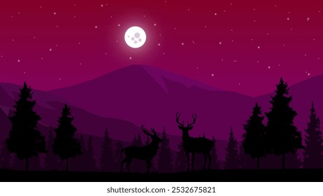 Silhouettes of wild deer, trees, mountains at night lit by the moon and stars, nature concept