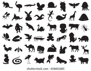 silhouettes of wild and domestic animals, birds and insects on a white background.