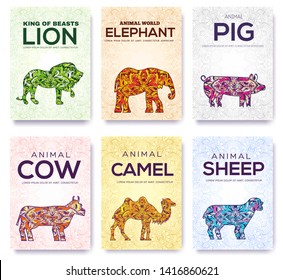 Silhouettes of wild and domestic animals with ornamental bodies: lion, elephant, pig, cow, camel, sheep. Vector set of banners, cards, posters for zoological, agricultural, projects. Place for text.
