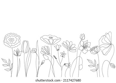 Silhouettes de flores silvestres de líneas simples sobre un fondo blanco. Diseño para logotipo, folleto, libro de marca