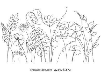 Silhouettes of wild flowers from simple lines on a white background. Design for logo, flyer, brand book. Line art
